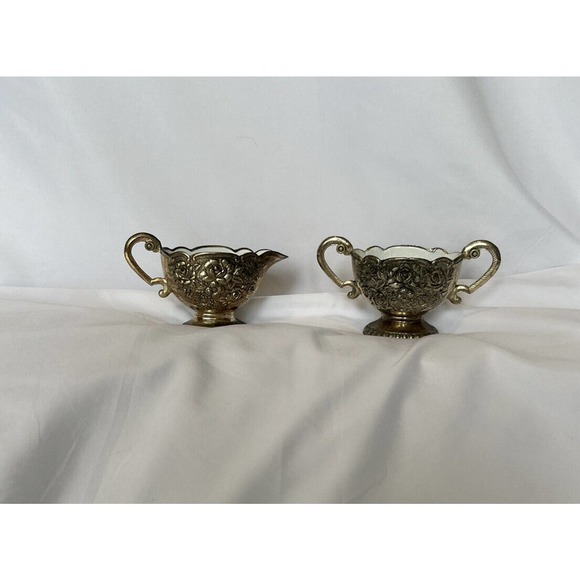 Other - Vintage Silver Plated Sugar And Creamer Set With Inner Ceramic Coating Decor